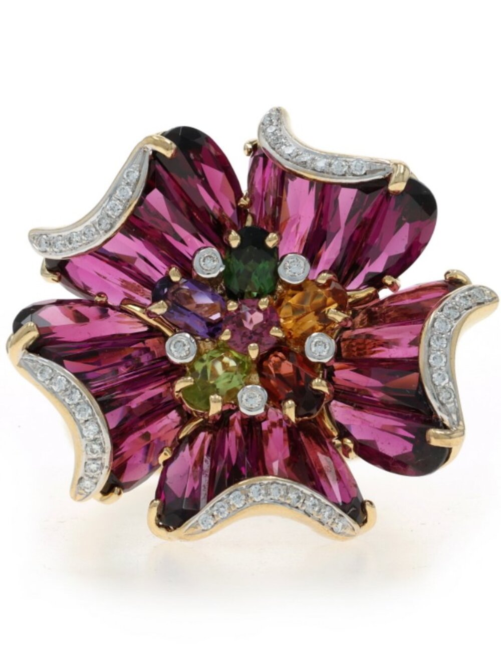 Bellarri Mademoiselle Flower Garnet Diamond Ring Yellow Gold 18k Fantasy 9.79ctw